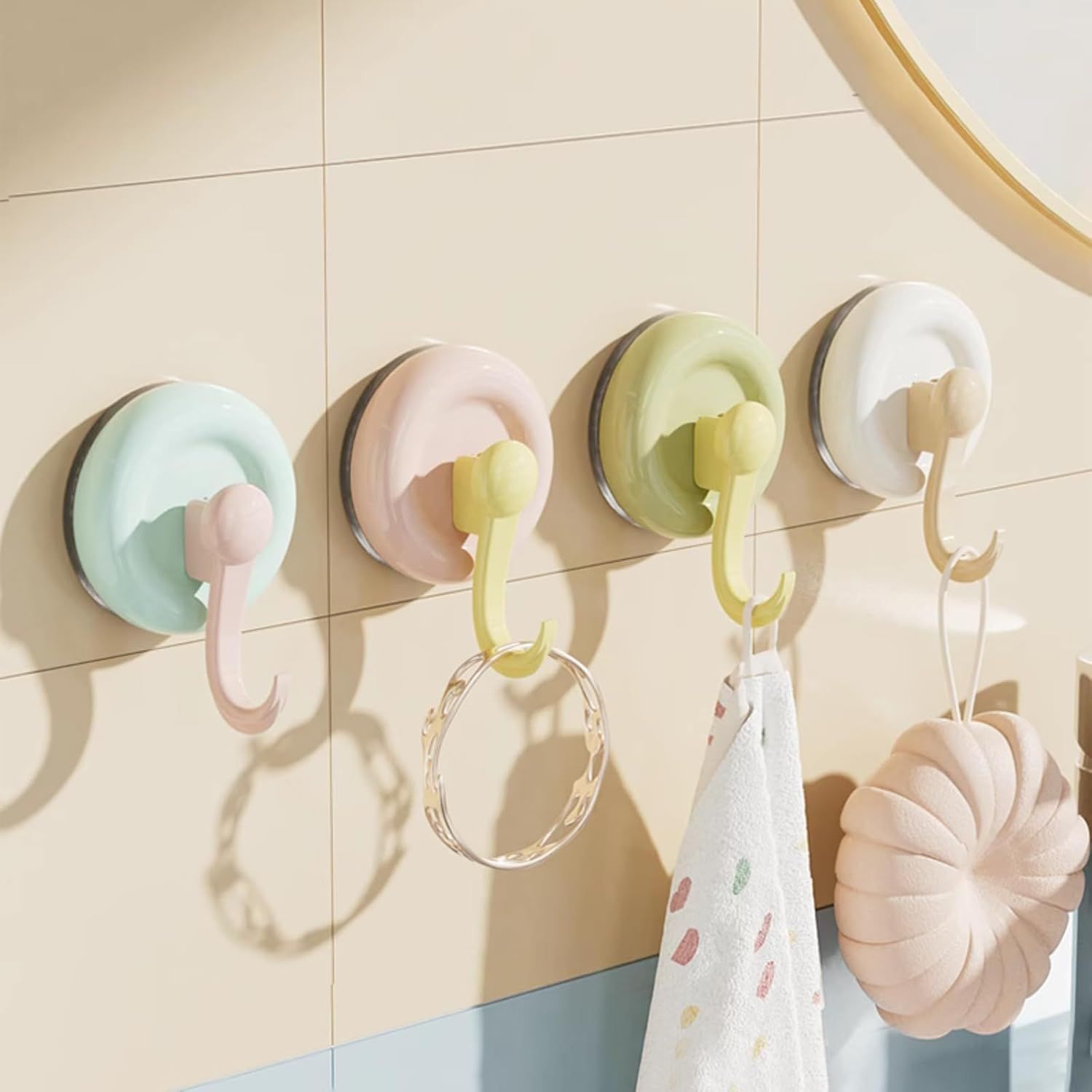 4 Pack No-Drill Reusable Vacuum Suction Hooks, Pastel Colors Heavy-Duty Door Towel Hook Bathroom Wall Organizer (Blue Pink Green White)