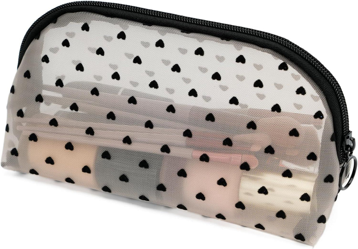 Portable Mesh Makeup Bag with Zipper Small Travel Toiletry Bag Lightweight Cosmetic Pouch (Beige&Black Heart Half Round)