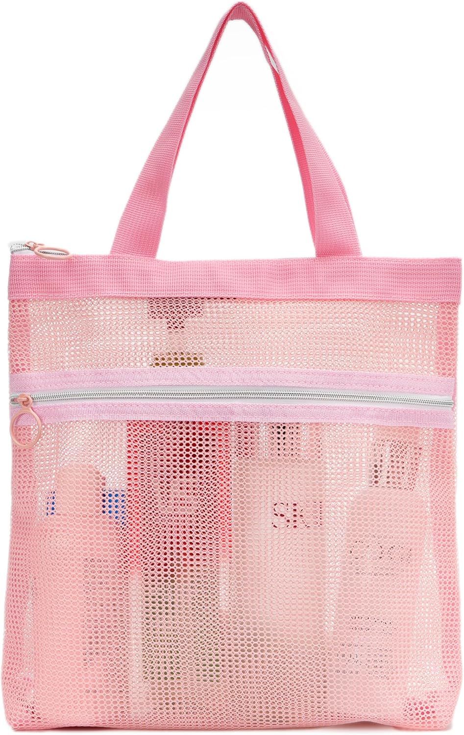Mesh Shower Caddy Bag Portable Small Hanging Toiletry Tote Bag for Gym Travel Beach Bathroom Sunscreen (Pink)