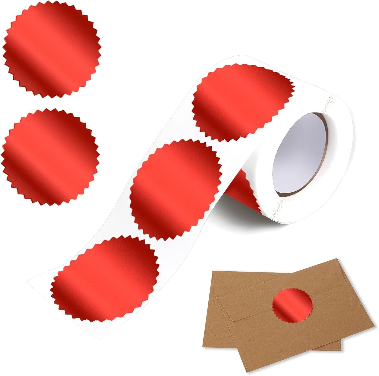 Red Embossing Stickers 2" Round Labels Foil Blank Stickers Metallic Seals for Package, Wedding Envelope, Graduation, Valentine's Day，Certificate Wafer Seals with Serrated Edge 250 pcs Per Roll