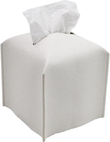 Tissue Box Cover, Square Decorative PU Leather Tissue Box Holder Modern Tissue Case Facial Paper Organizer Dispenser for Bathroom, Vanity Countertop, Night Stands, Desk 5X5X5'' | Off White