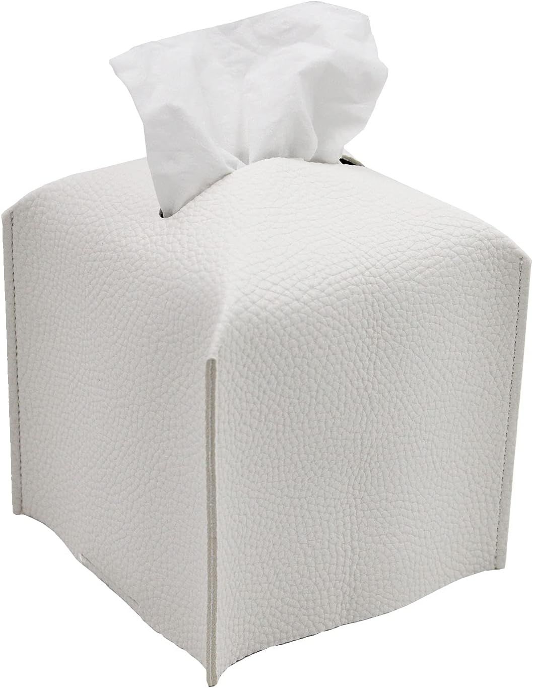 Tissue Box Cover, Square Decorative PU Leather Tissue Box Holder Modern Tissue Case Facial Paper Organizer Dispenser for Bathroom, Vanity Countertop, Night Stands, Desk 5X5X5'' | Off White