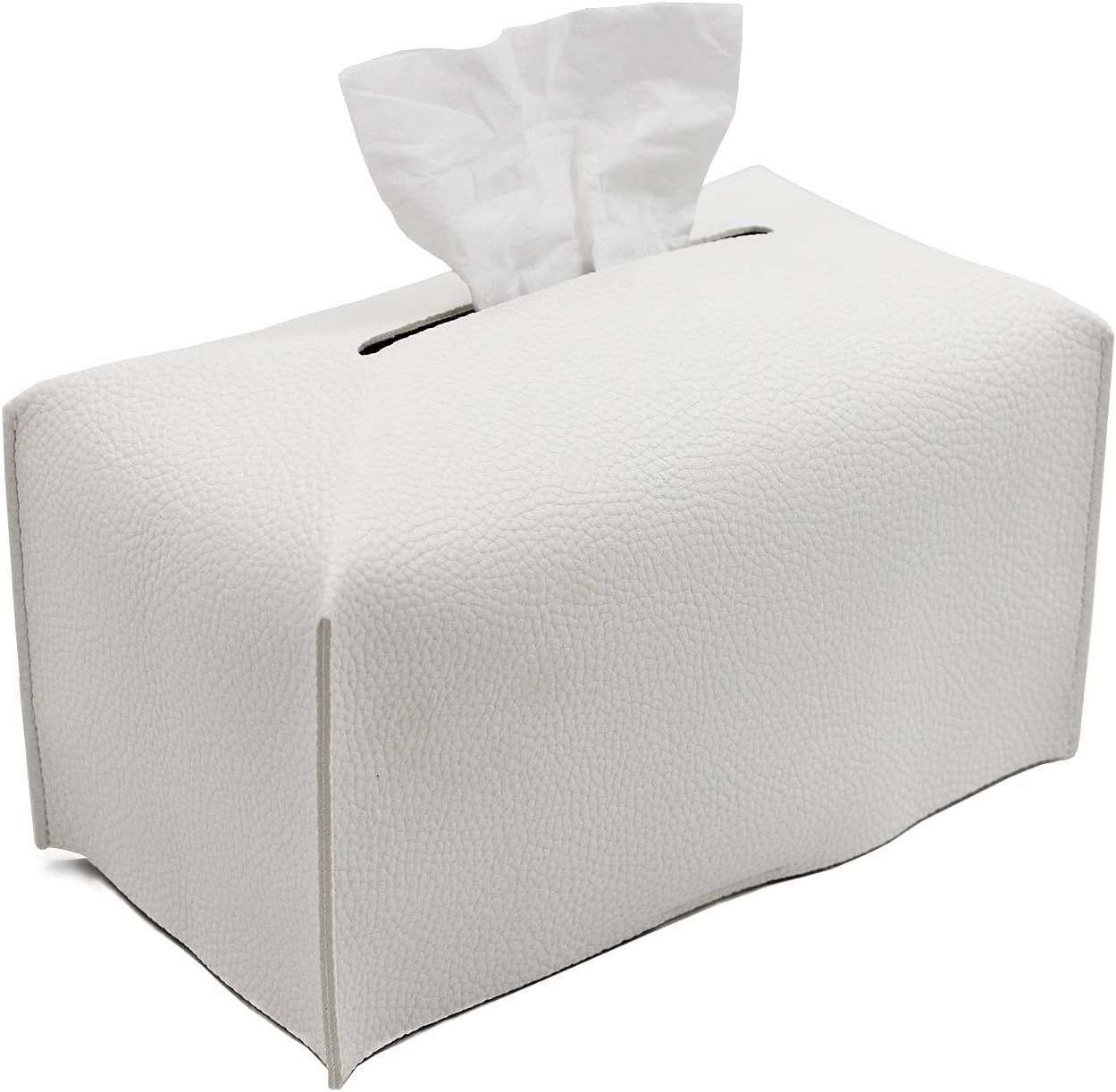 Tissue Box Cover, Modern Decorative PU Leather Rectangular Tissue Box Case Organizer Holder for Vanity Countertop, Night Stands, Livingroom, Office Desk & Car 9.5X5X5'' | Off White