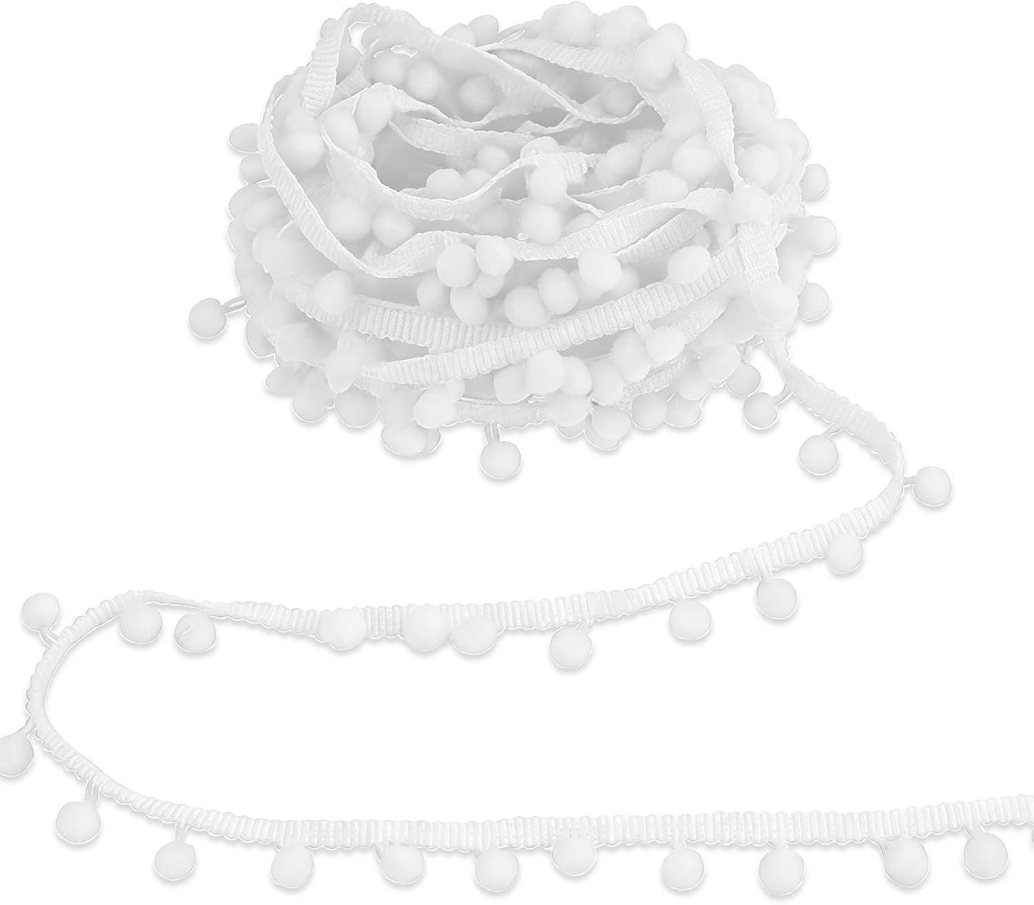 30 Yards Mini Pom Poms Trim Ribbon, 0.79" Wide Single Edge Ball Trim Fringe Sewing Ribbon Crafts Pompoms Tassel for DIY Crafts Sewing Curtain Clothes Pillow Home Decoration(White)