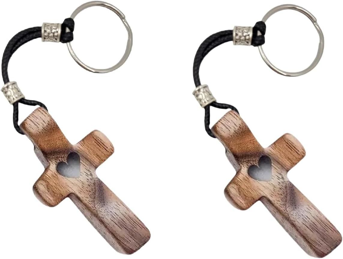 Walnut Wood Cross Keychain, Design Comfort Touch Pocket Size Prayer Worry Coin, Inspirational Christian Keychains Accessories Purse Charms for Men Women