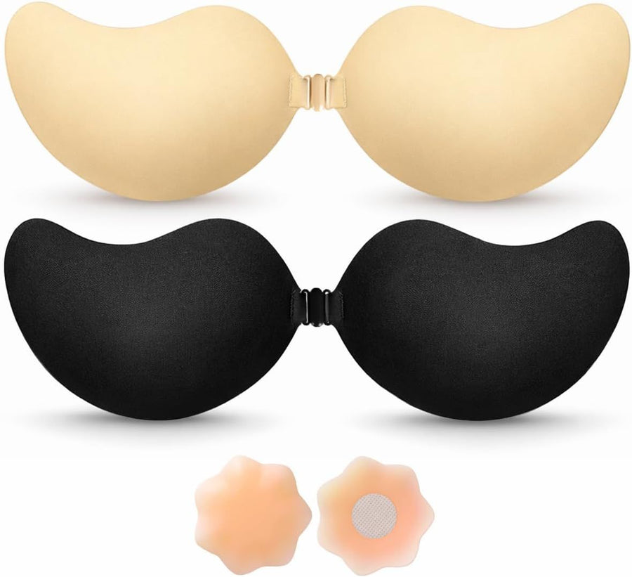 Sticky Bra Push Up – Backless, 2 Pair Invisible Adhesive Strapless Bra with Clip - A-D Cup