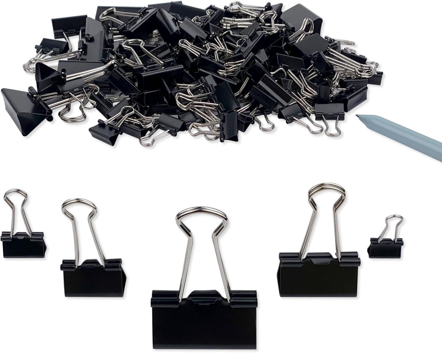 Binder Clips Paper Clamps Assorted Sizes 150 Count (Black), Large, Medium, Small, X Small and Micro, 5 Sizes in One Pack, Meet Your Different Using Needs.