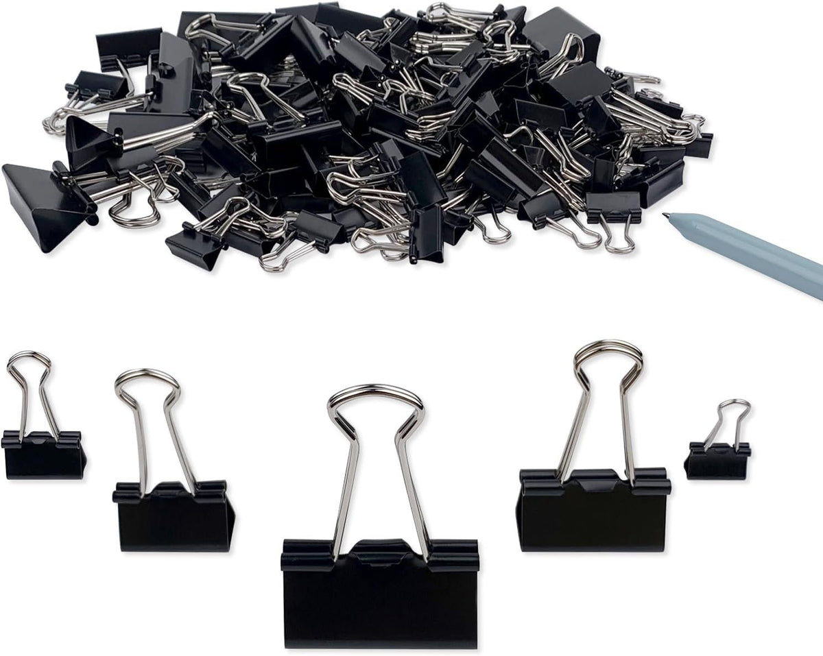 Binder Clips Paper Clamps Assorted Sizes 150 Count (Black), Large, Medium, Small, X Small and Micro, 5 Sizes in One Pack, Meet Your Different Using Needs.