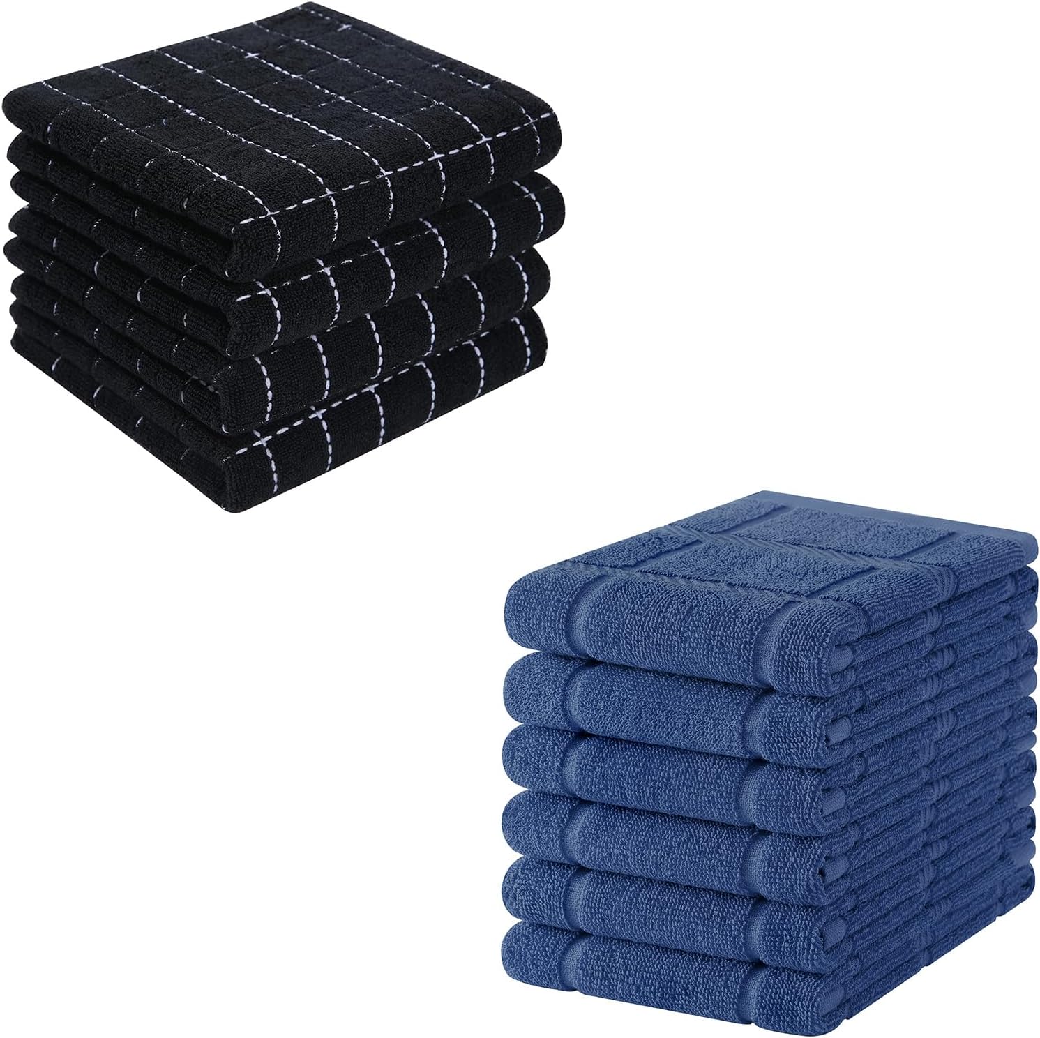 Homaxy 100% Cotton Terry Kitchen Towels(Black, 13 x 28 inches, 4 Pack), Soft and Super Absorbent Dish Towels and Kitchen Towels 18"x28"(Navy Blue), 6 Pack Large Cotton 380 GSM Dish Towels
