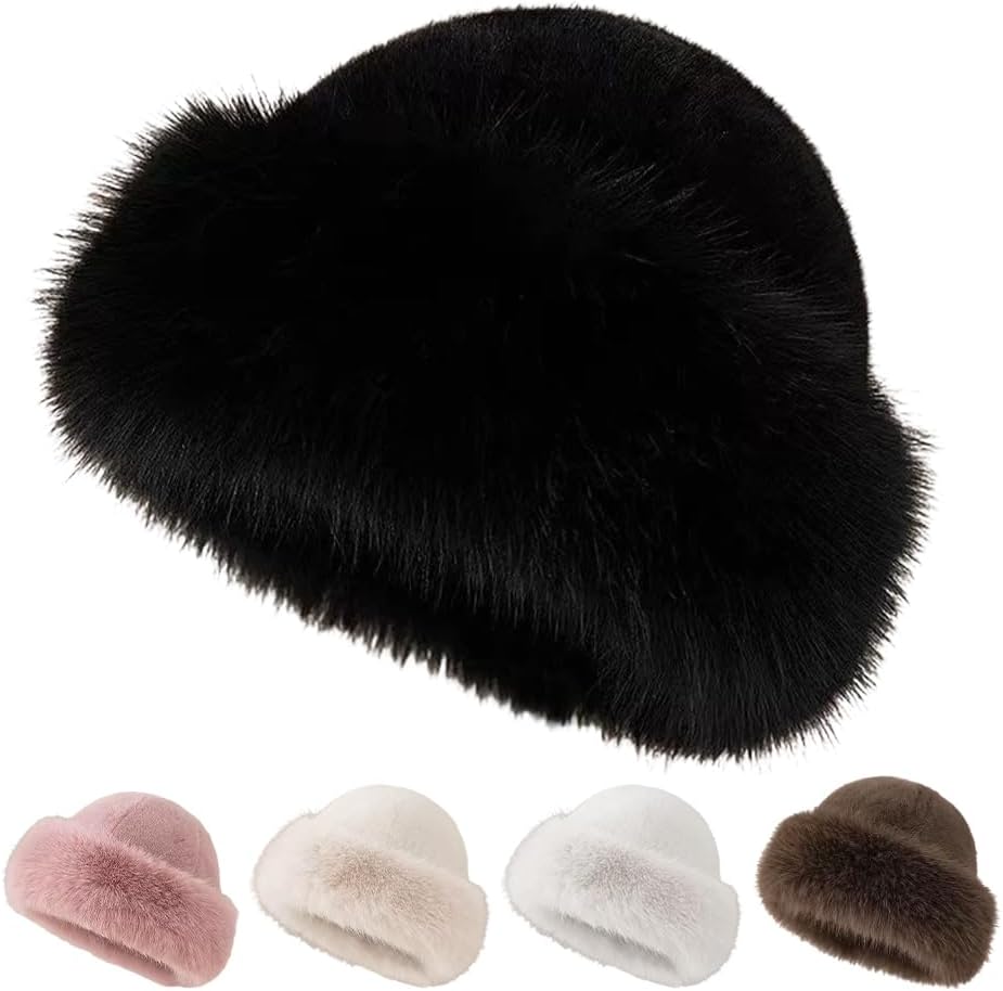 Womens Winter Faux Fur Bucket Hat, Thick Fluffy Fisherman, Winter Warmer Cap for Women