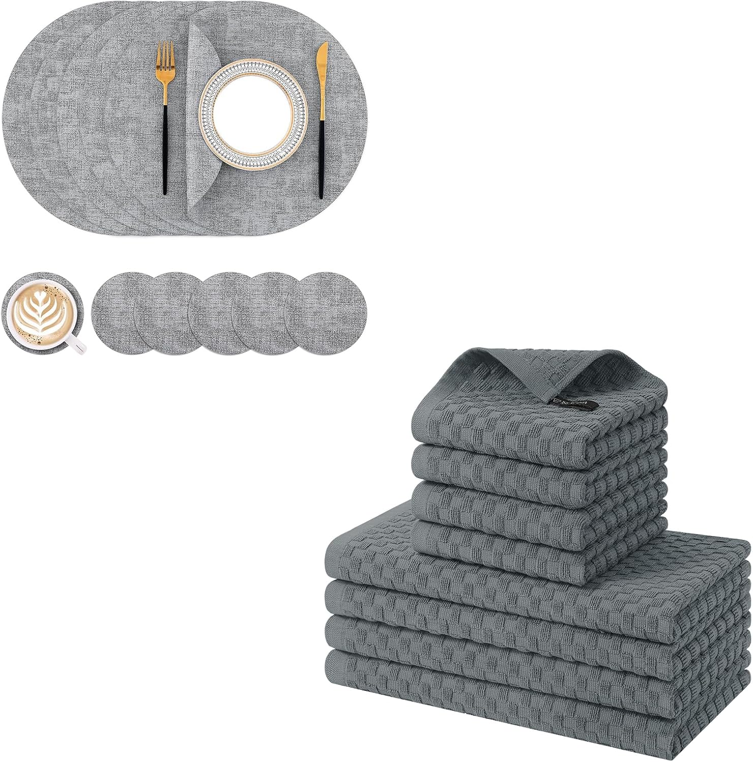Homaxy Round Faux Leather Placemats and Coasters, Washable Dual-Side Table Mats and 100% Cotton Kitchen Towels and Dishcloths Set(12 x 12 & 15 x 25 Inches, Set of 8 Bulk)