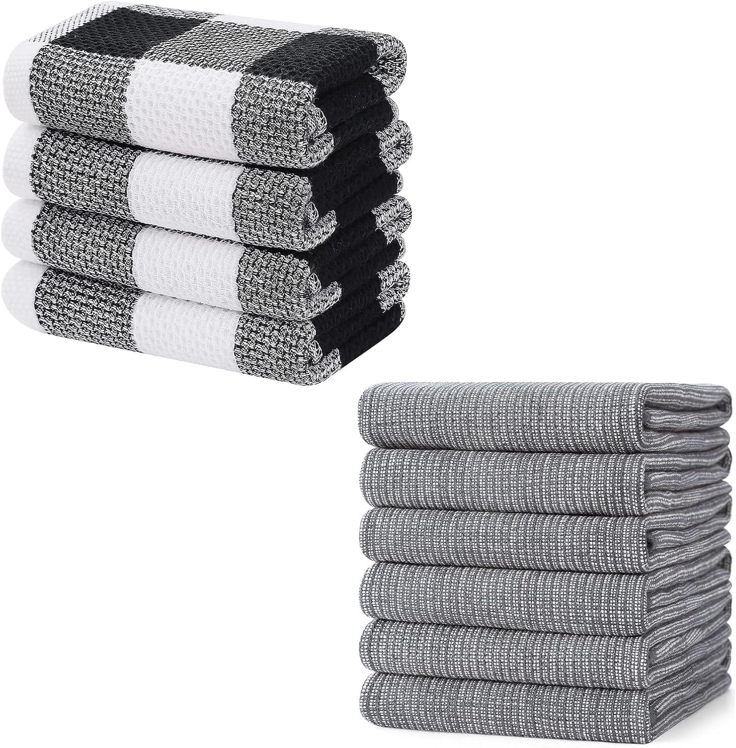 Homaxy 100% Cotton Waffle Weave Check Plaid Kitchen Towels, 4-Pack, White & Black and Large Cotton Kitchen Hand Towels(18”x 28”, 6 Pack), Flat and Terry Dish Towels