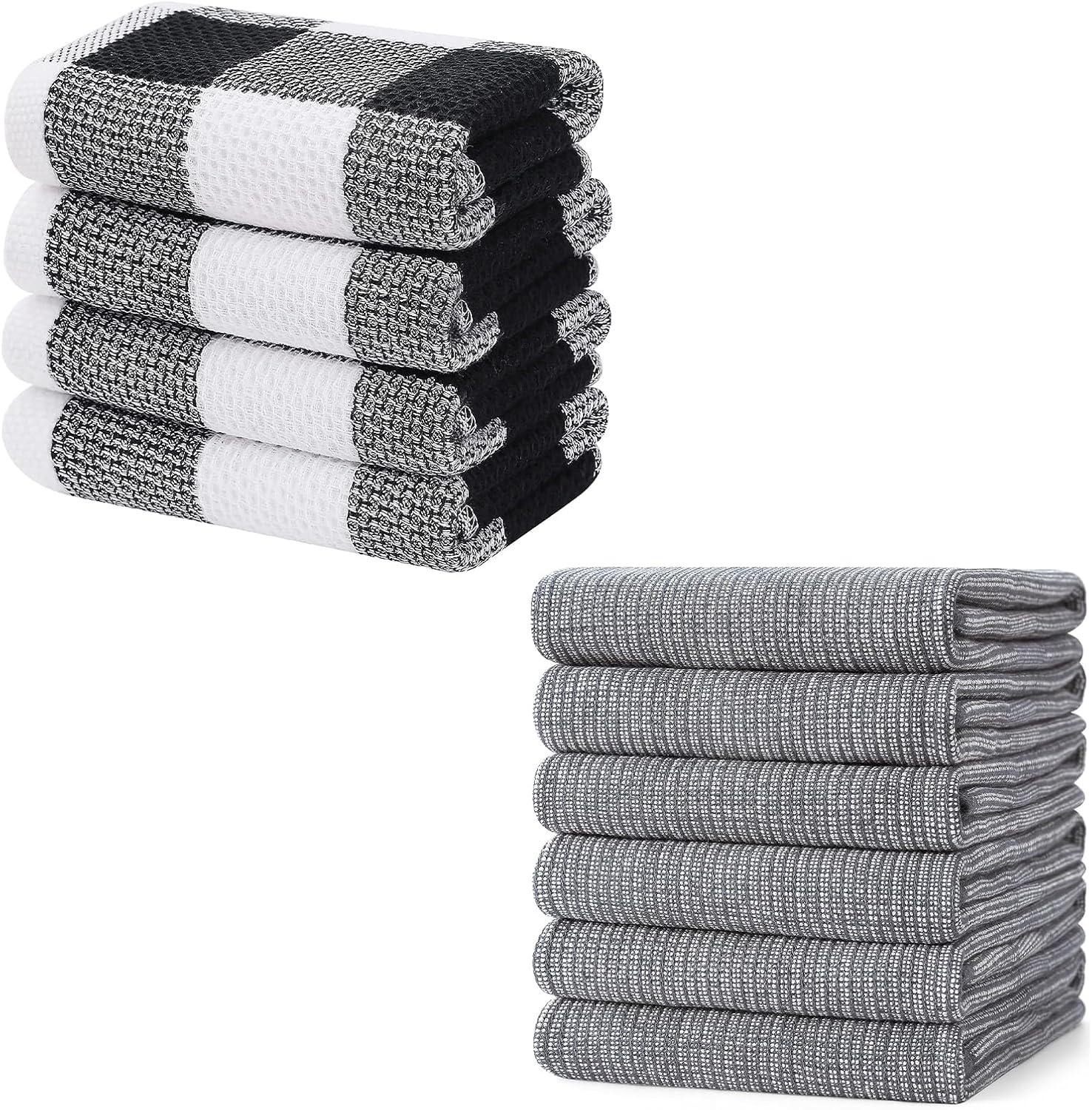 Homaxy 100% Cotton Waffle Weave Check Plaid Kitchen Towels, 4-Pack, White & Black and Large Cotton Kitchen Hand Towels(18”x 28”, 6 Pack), Flat and Terry Dish Towels