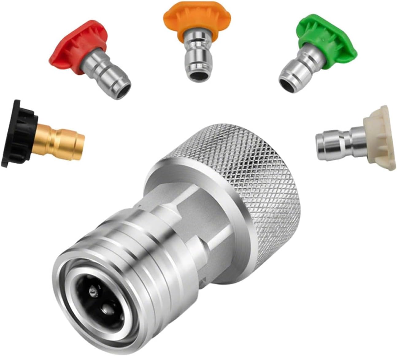 Garden Hose to Mini Power Washer Adapter-3/4 GHT to 1/4", Whit 5 Nozzle Set, Convert Water Hose to Power Washer Connector (1pcs)