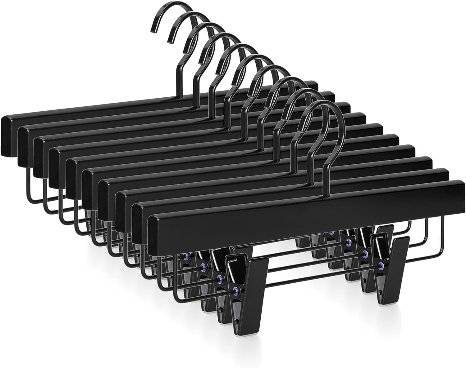 TOPIA HANGER Black Wooden Pants Hangers, Wood Skirt Hangers with Clips, Deluxe Jeans Hanger with 360° Swivel Anti-Rust Flat Hook, Smooth Finish Wood Hangers for Slacks Trousers 20 Pack, CT03B