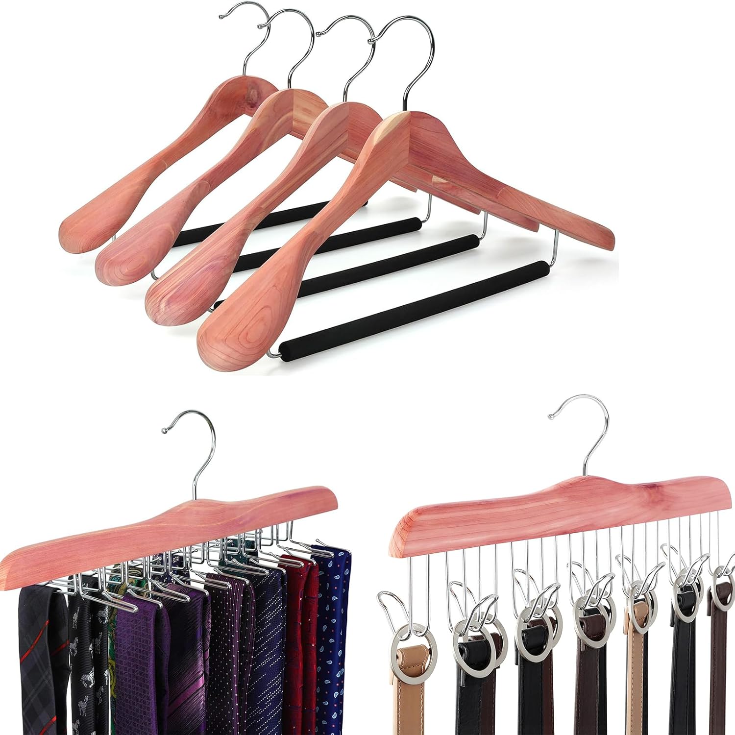 TOPIA HANGER American Red Cedar Wooden Suit Hangers 4 Pack, Tie Rack 1 Pack, Belt Hanger 1 Pack