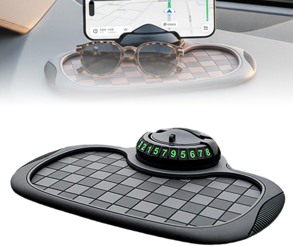 Mobile Phone Bracket Anti-Slip Mat, Multifunction Car Dashboard Mat with Temporary Parking Number, Large Universal Fit Anti-Slip Mat for Phones, Sunglasses and Keys Gadget (Black-Gray)