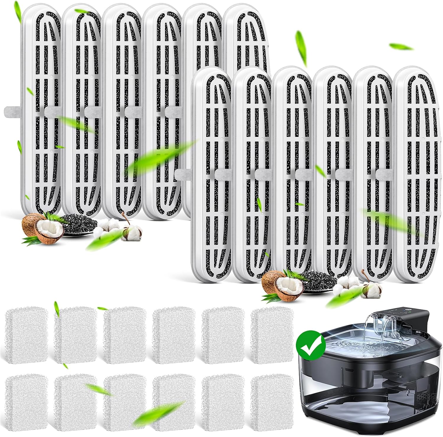 24 Pack (12 Filters & 12 Sponges) Cat Water Fountain Filters Compatible with OPOWO FT999 Cat Water Fountain (3.2L/108oz), Replacement Refills for Stainless Steel Pet Fountain