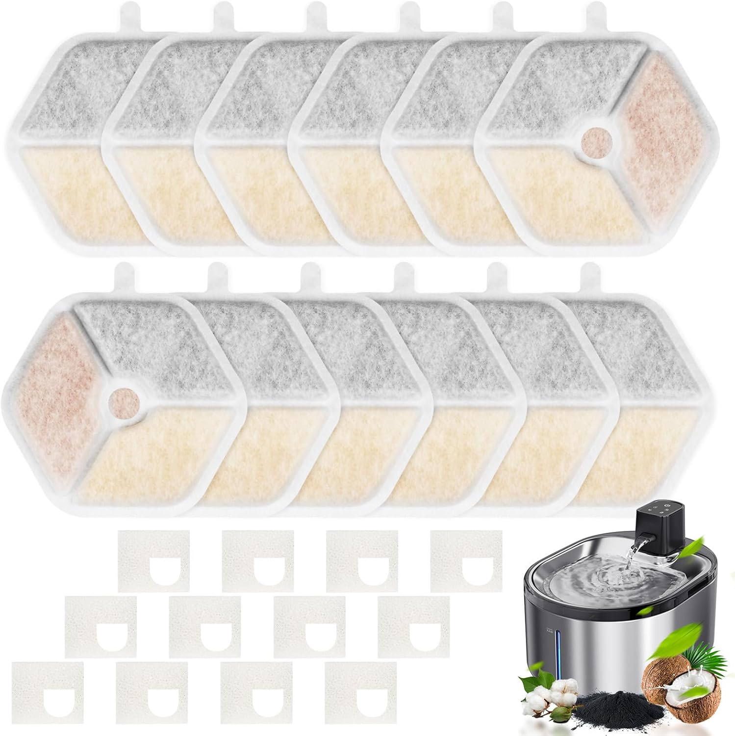 12+12 Filter & Sponges for Smartoo 152oz/4.5L Wireless Cat Water Fountain, Quadruple Filtration Cat Fountain Filter Replacement for Smartoo Replacement Filters