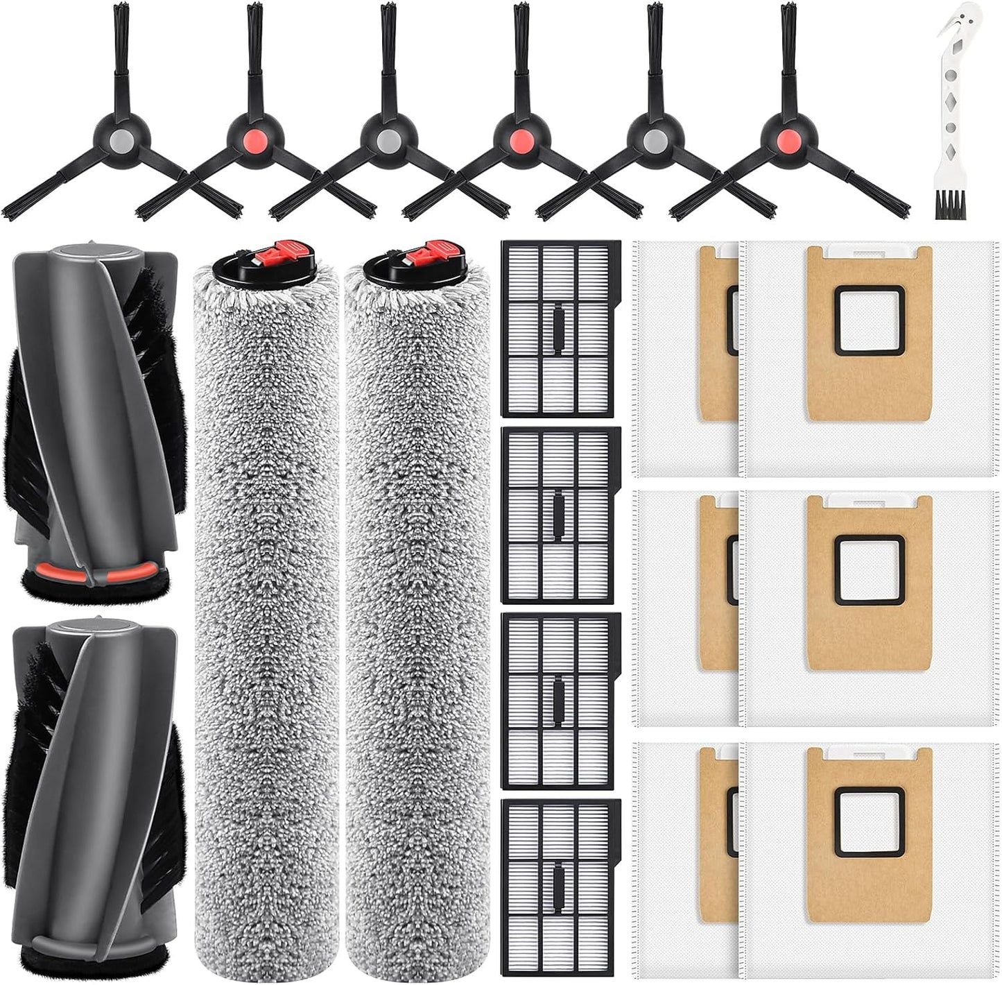 21 Pack Accessories Kit Compatible with eufy E28 Omni / E25 Omni Robot Vacuum, Replacement Parts include 1 Set(2) Main Brushes, 6 Dust Bags, 4 Filters, 2 Roller Mops, 6 Side Brushes, 1 Cleaning Tool
