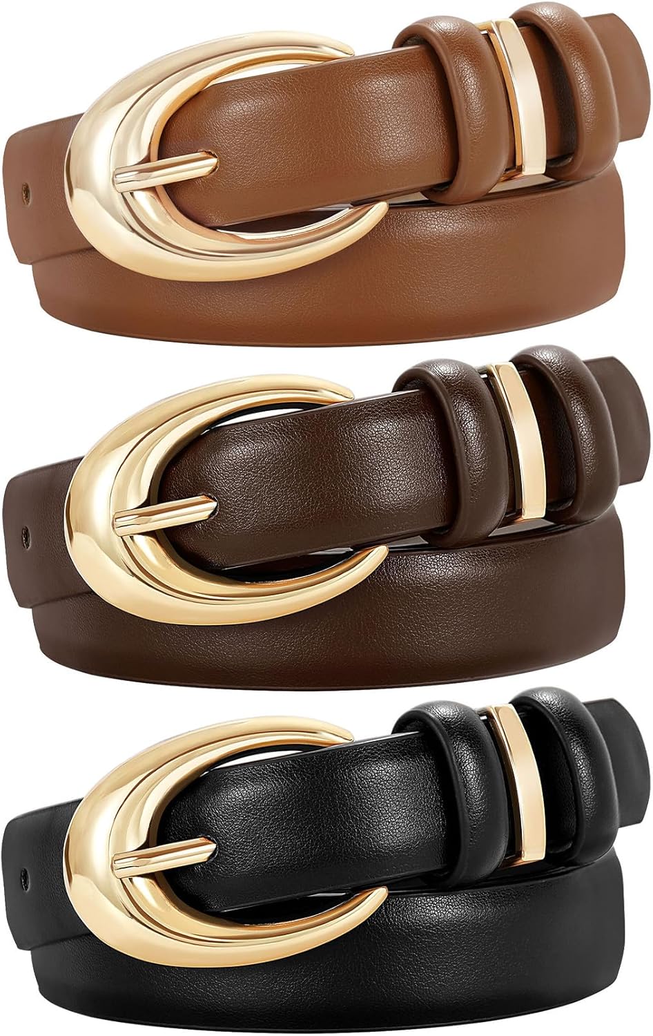 3 Pack Women Leather Belt for Jeans Pants Fashion Ladies Faux Leather Belt with Gold Buckle