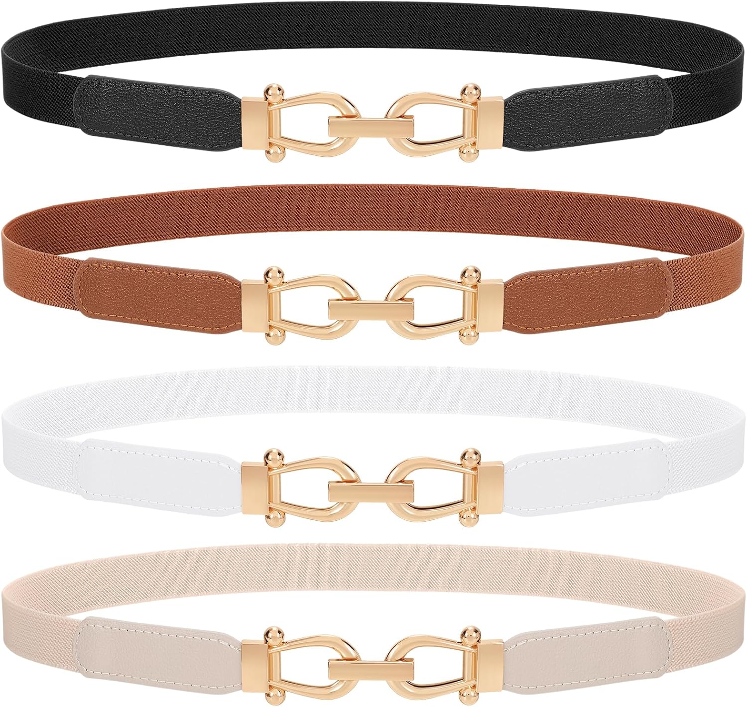 4 Pack Women Skinny Elastic Belts Gold Buckle Thin Stretchy Waist Belts for Dresses