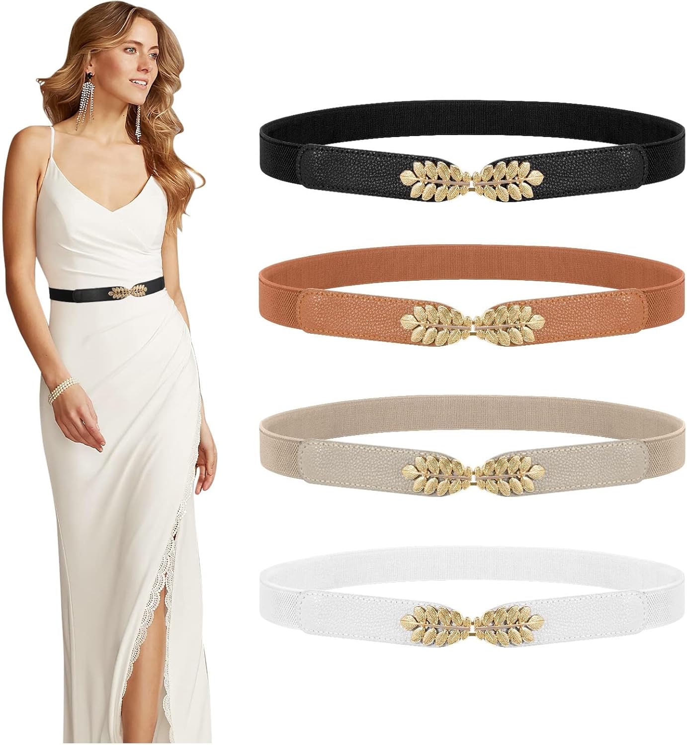 4 Pack Women Skinny Elastic Belt Ladies Fashion Leaf Alloy Buckle Stretchy Thin Waist Belt for Dresses