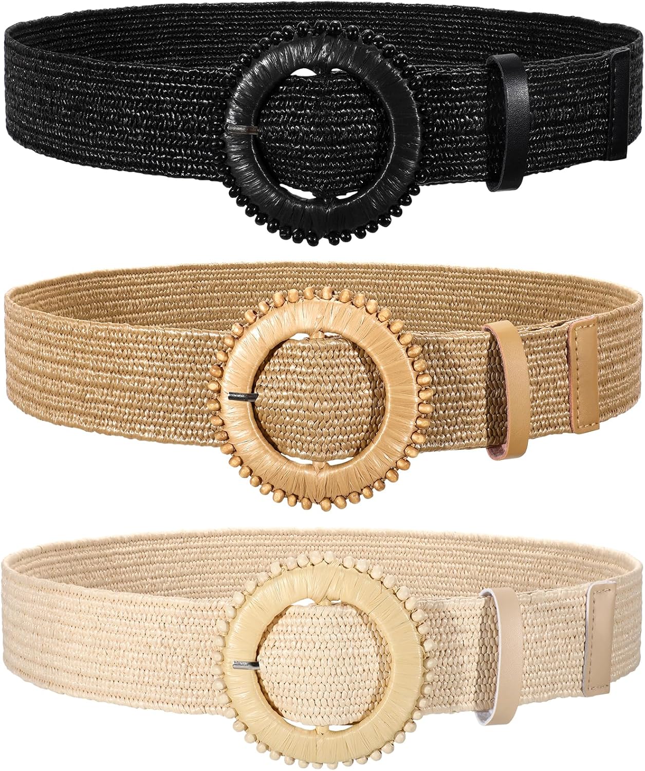 3 Pack Straw Woven Stretch Belt for Women,Raffia Elastic Belt for Dress Wide Boho Waist Belt with Round Buckle