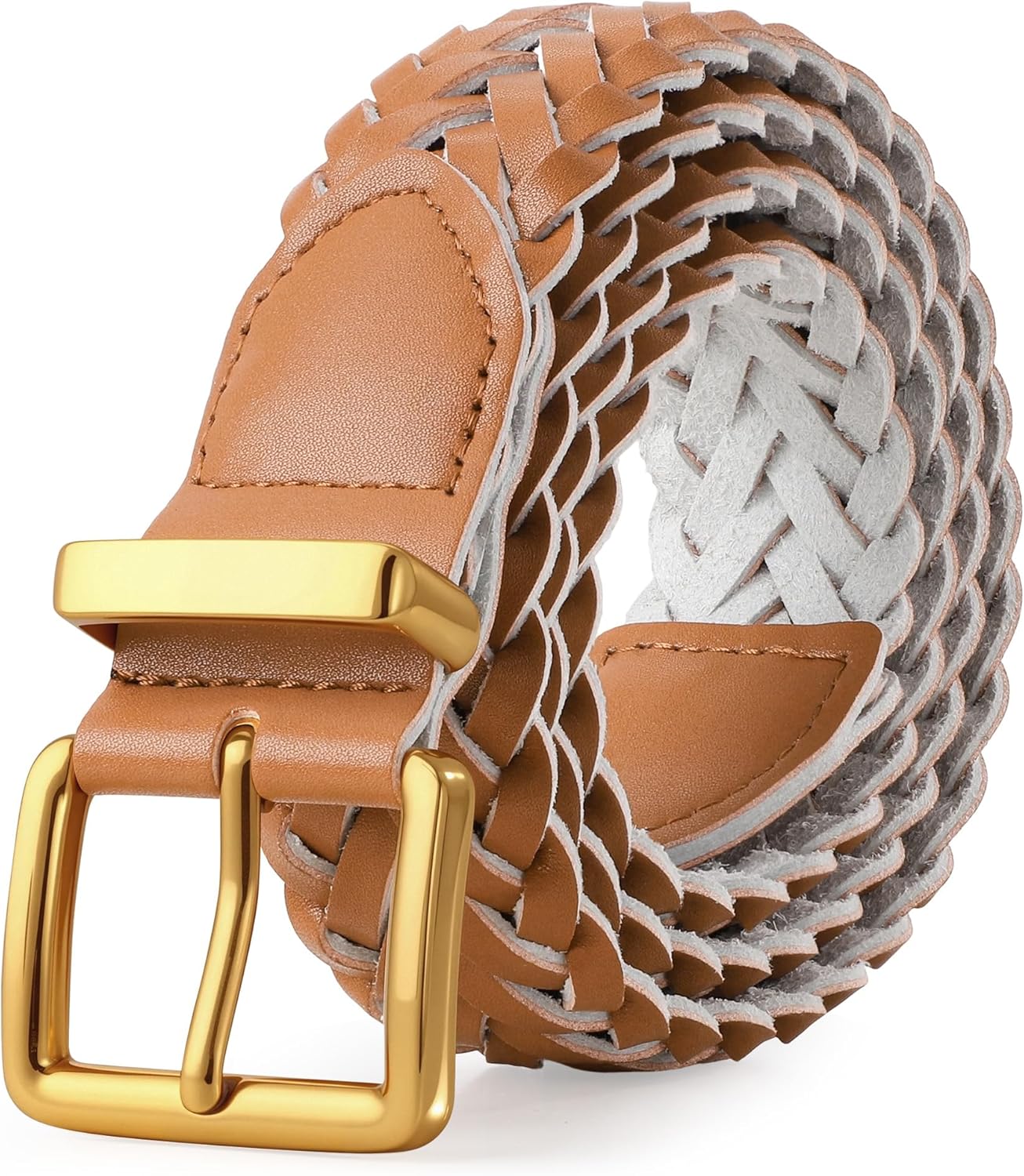 Women's Braided Woven Leather Belt with Gold Buckle Belts for Women Versatile for Jeans Pants Dress