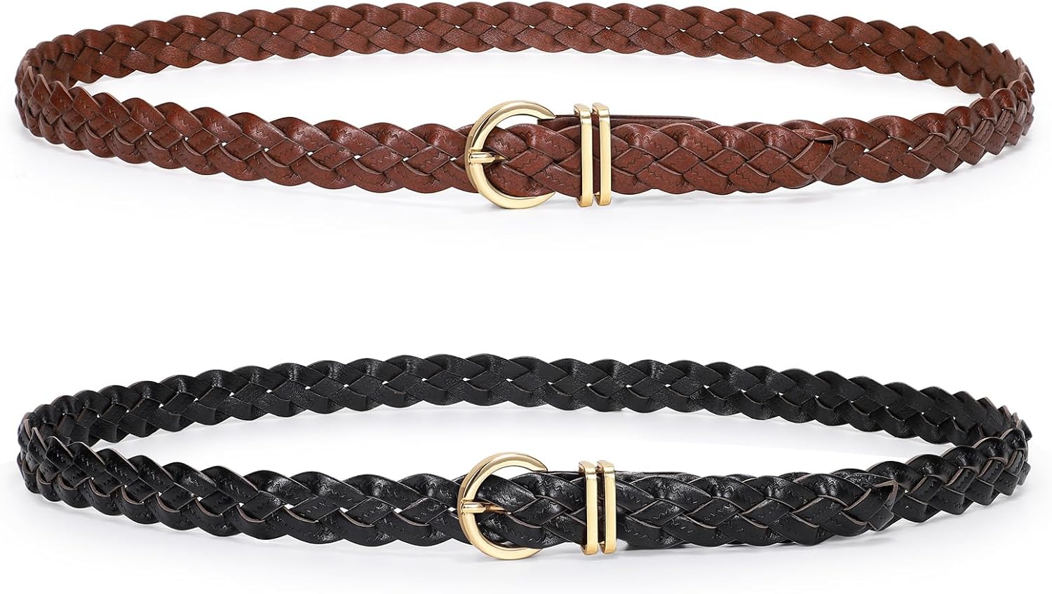 2 Pack Women's Skinny Braided Leather Belts Thin Woven Waist Belts for Jeans Pants Dresses