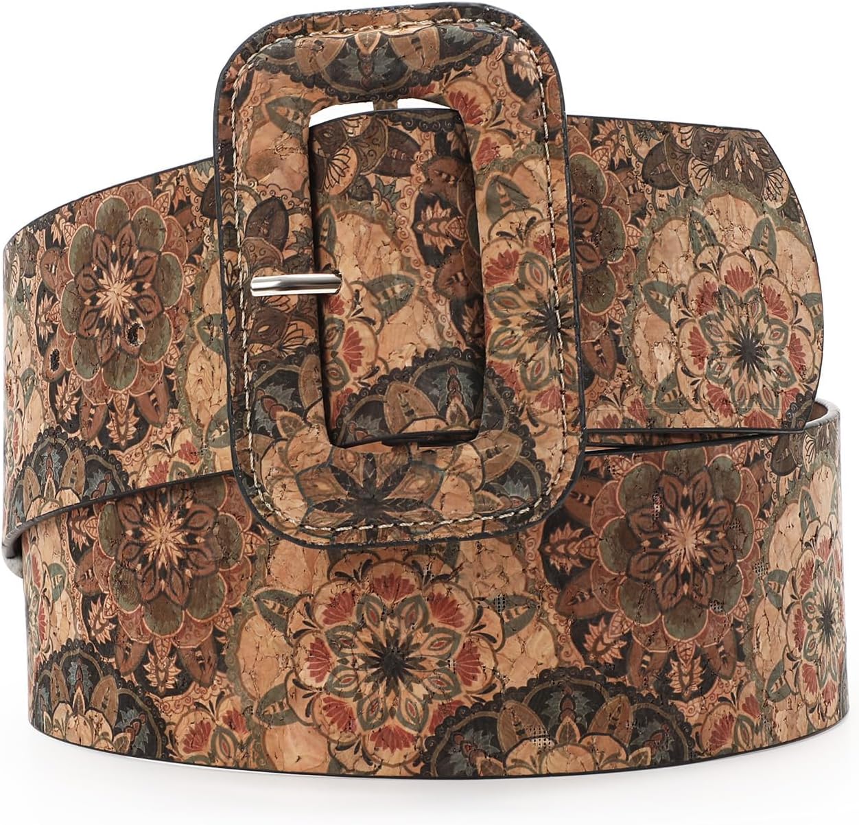 Vintage Floral Boho Print Cork Belt 70s Style For Women's Jean Dress