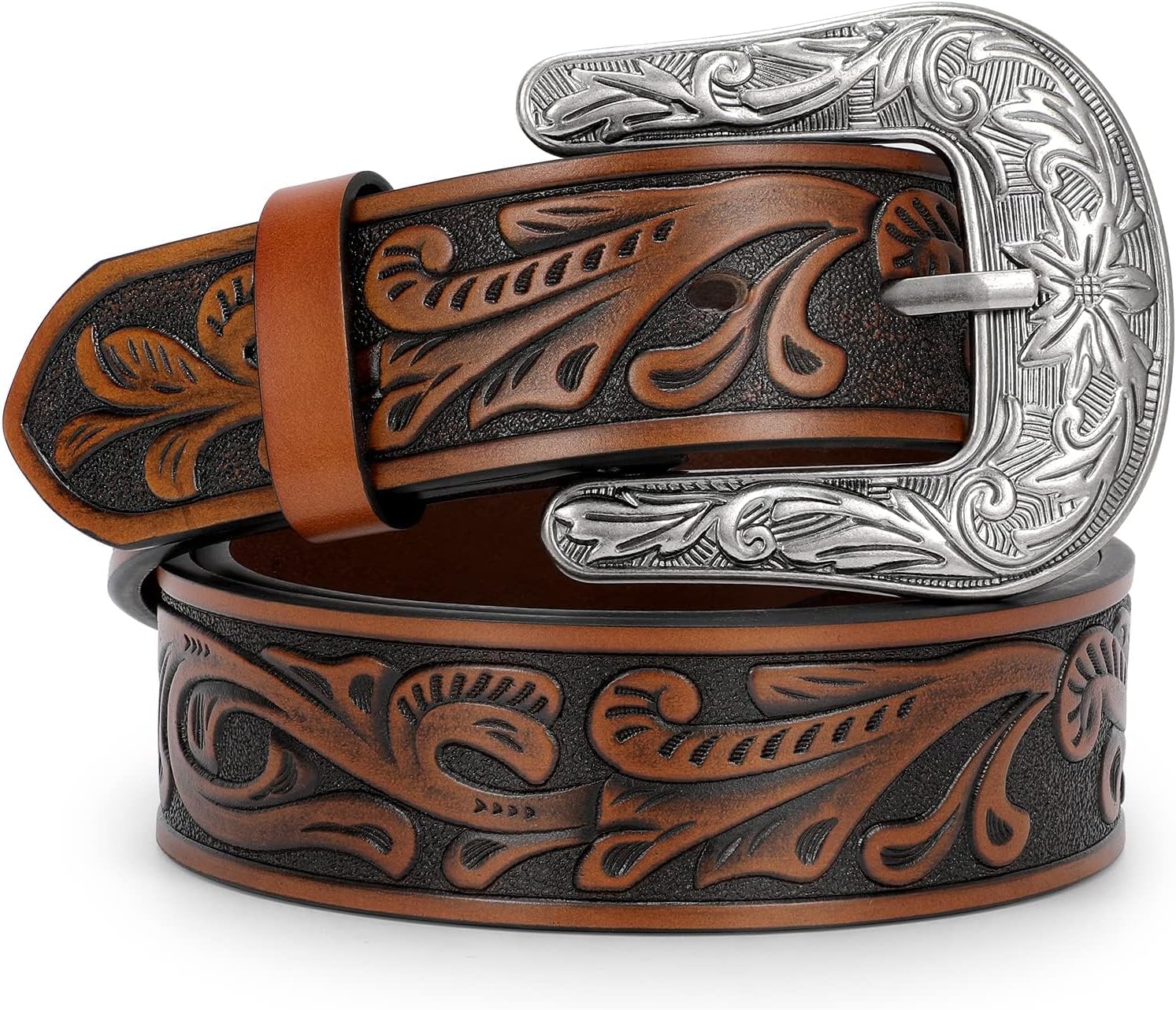 Western Belt for Women Men Cowgirl Cowboy Floral Engraved Tooled Leather Belt with Buckle for Jeans Pants Rodeo