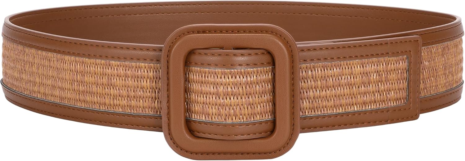 Straw Woven Belts for Women Wide Waist Leather Boho Briaded Belt No‑Hole Adjtable for Dresses