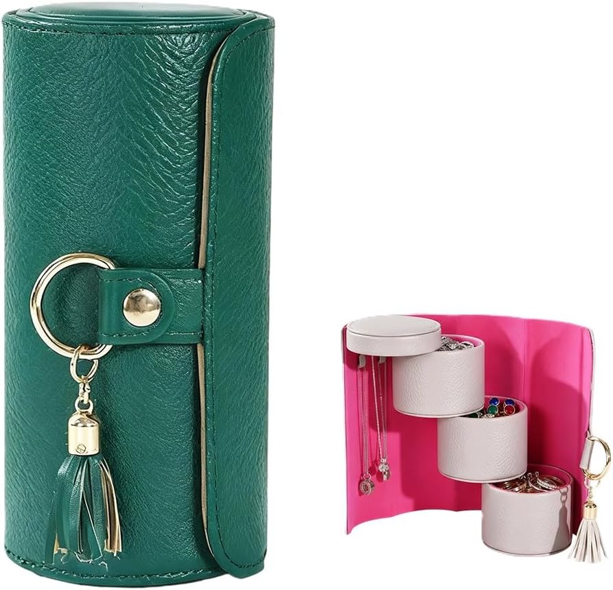 Travel Jewelry Case, 3-Layer Rotating Jewelry Organizer with Secure Snaps, Portable PU Leather Jewelry Storage Box for Necklaces Earrings Rings, Gift-Ready Design for Daily e & Travel (Dark Green)