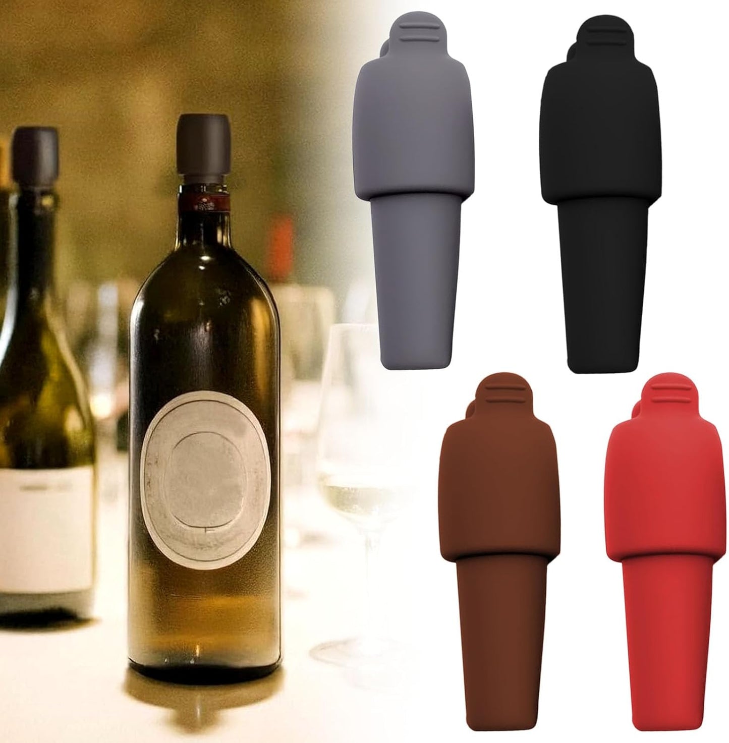 Silicone Wine Stopper for Wine Bottles, 2025 New Wine Stoppers for Wine Bottles, Seal Bottle Cover for Beer Champagne, Glass Bottle Sealer Covers Wine Stoppers for Home e (4, All)