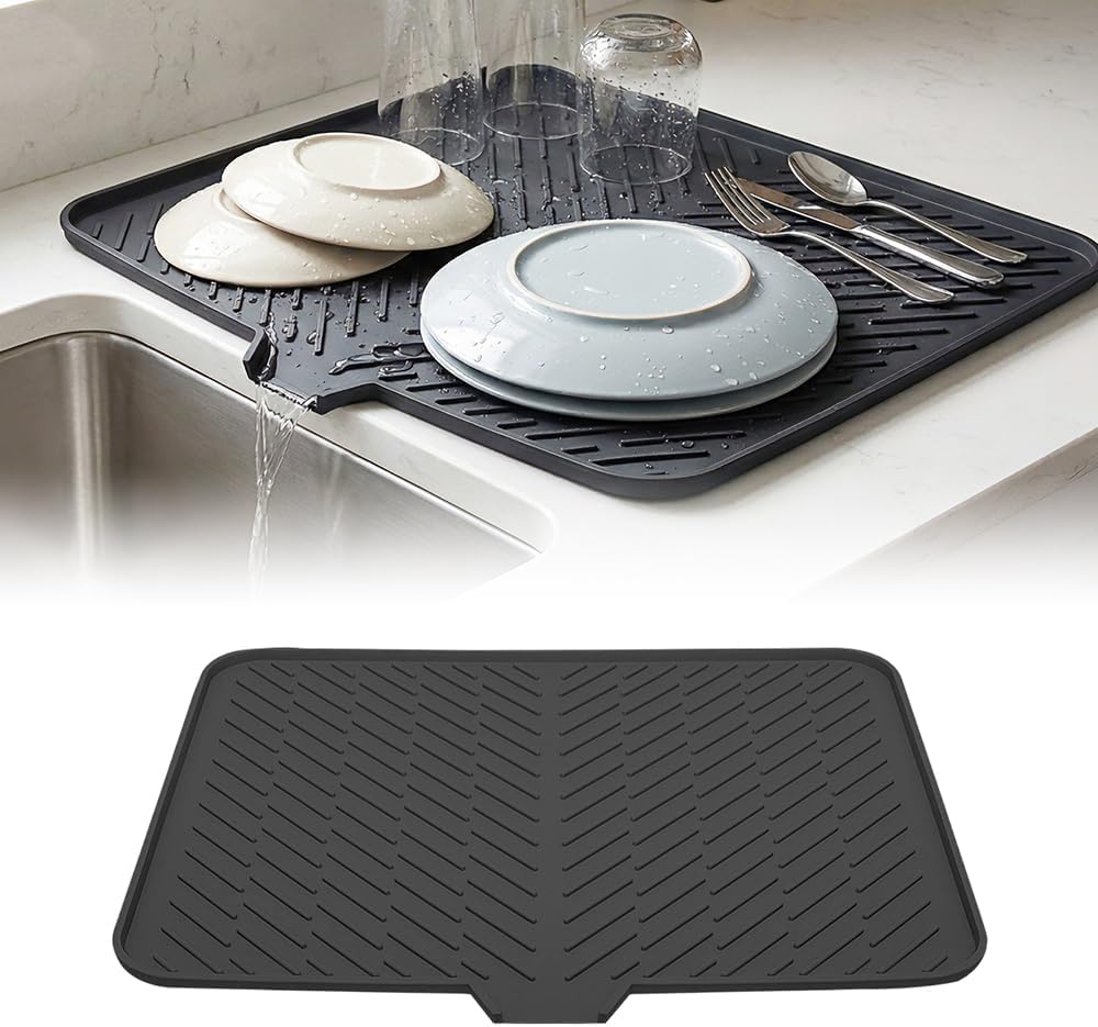 Silicone Dish Drying Mat, Non-Slip Dish Drainer Pad with Built-in Drain & Flat Grooves, Silicone Dish Drying Mat for Kitchen Counter Sink (Black-M)