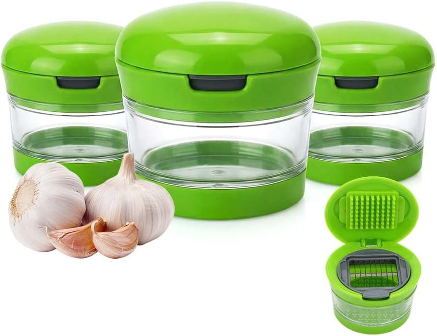 Mini Garlic Chopper and Press with Storage Container, Manual Garlic Mincer Crher Cutter, Premium Stainless Steel Blades, Handheld Compact Kitchen Gadget for Garlic, Ginger & Small Herbs (3PCS)