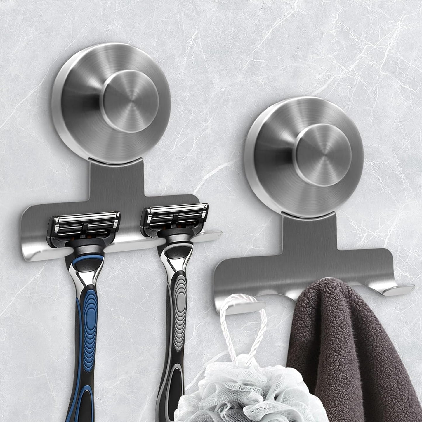 Suction Cup Razor Holder for Shower,Heavy-Duty 7KG Suction Hooks for Razor,Towel,Loofah,Removable Damage-Free Metal Shower Hook,Shaver Holder,2 Pack(Brhed Silver)