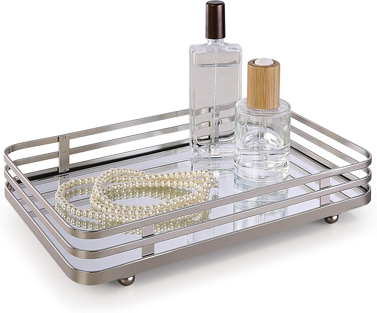 Classic Decorative Vanity Perfume Dresser Jewelry Organizer Makeup Mirror Tray (Satin Nickel)