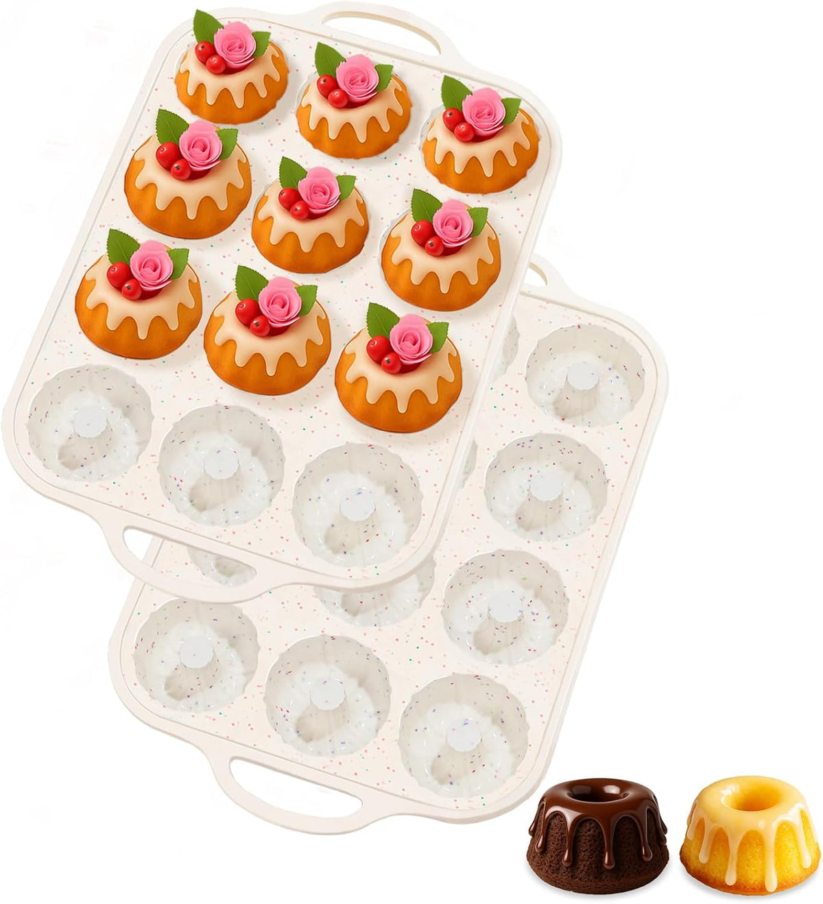 Silicone Mini Fluted Tube Pan with Metal Reinforced Frame, Non-Stick (2PCS), moldes de silicona para gelatina, Small Cake Baking Pan for para chocoflan, Donuts, Cornbread, Brownies, Jellies