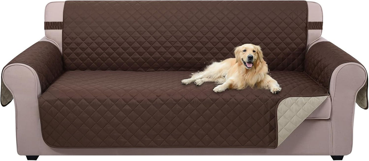 Reversible Sofa Cover Washable Couch Cover for Dogs Friendly with Elastic Straps Water Repellent Furniture Protector for 3 Chion Couch (Sofa, Coffee/Beige)