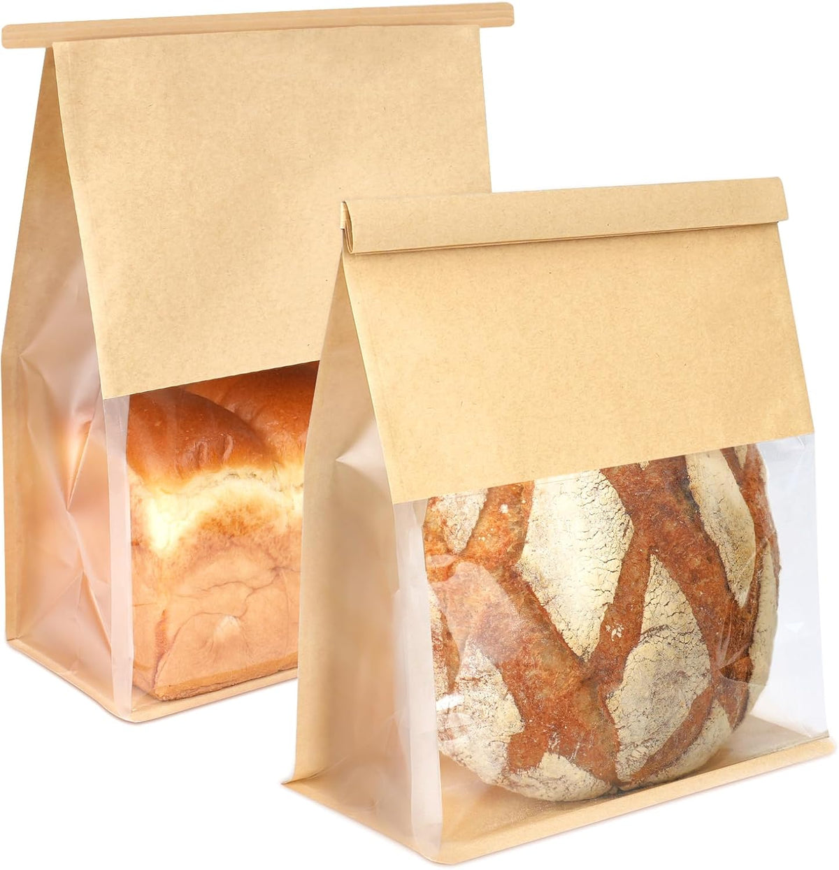 50 Pack Bread Bags with Tabs for Homemade Sourdough Bread, 8.7x4.3x11 Inches Tin Tie Tab Lock Large Paper Bakery Packaging Bags with Window for Gifting & Bake Sale | Thick Material, Grease Resistant, Self Standing