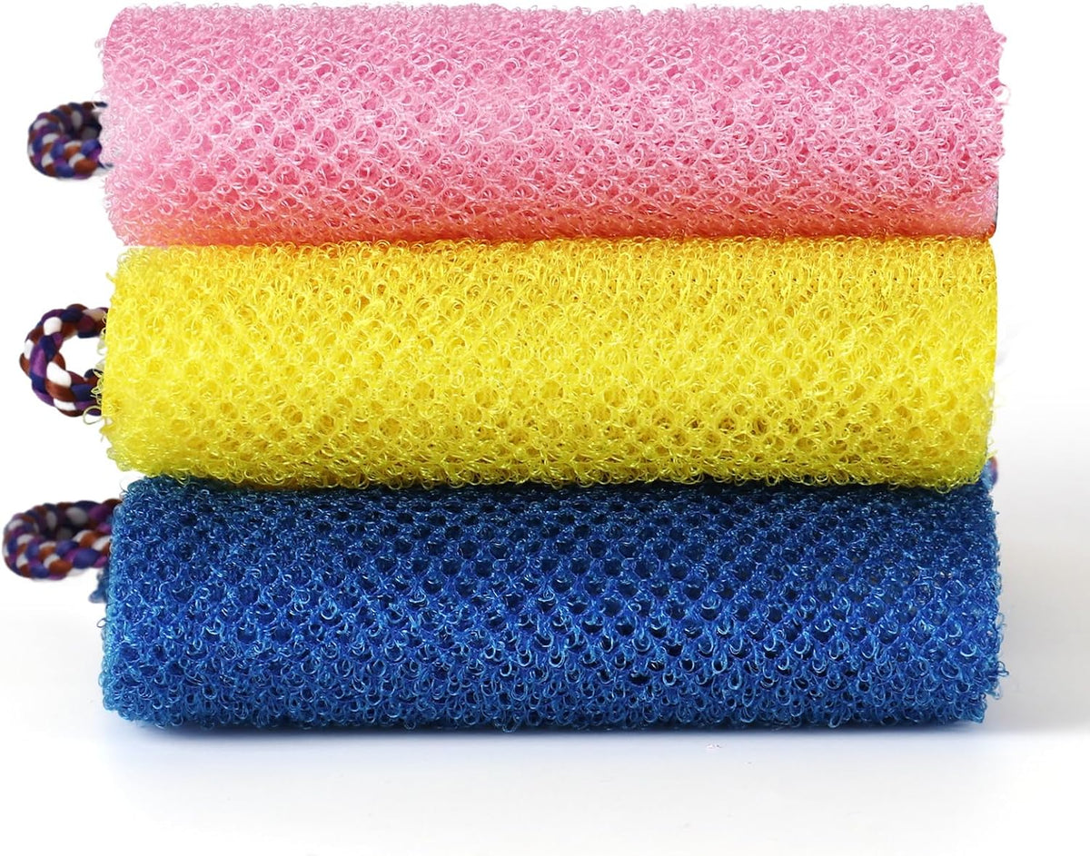 3 Pcs African Net Bath Sponge Double Layer Exfoliating Washcloth Body Scrubber with Handle for Adult and Kids