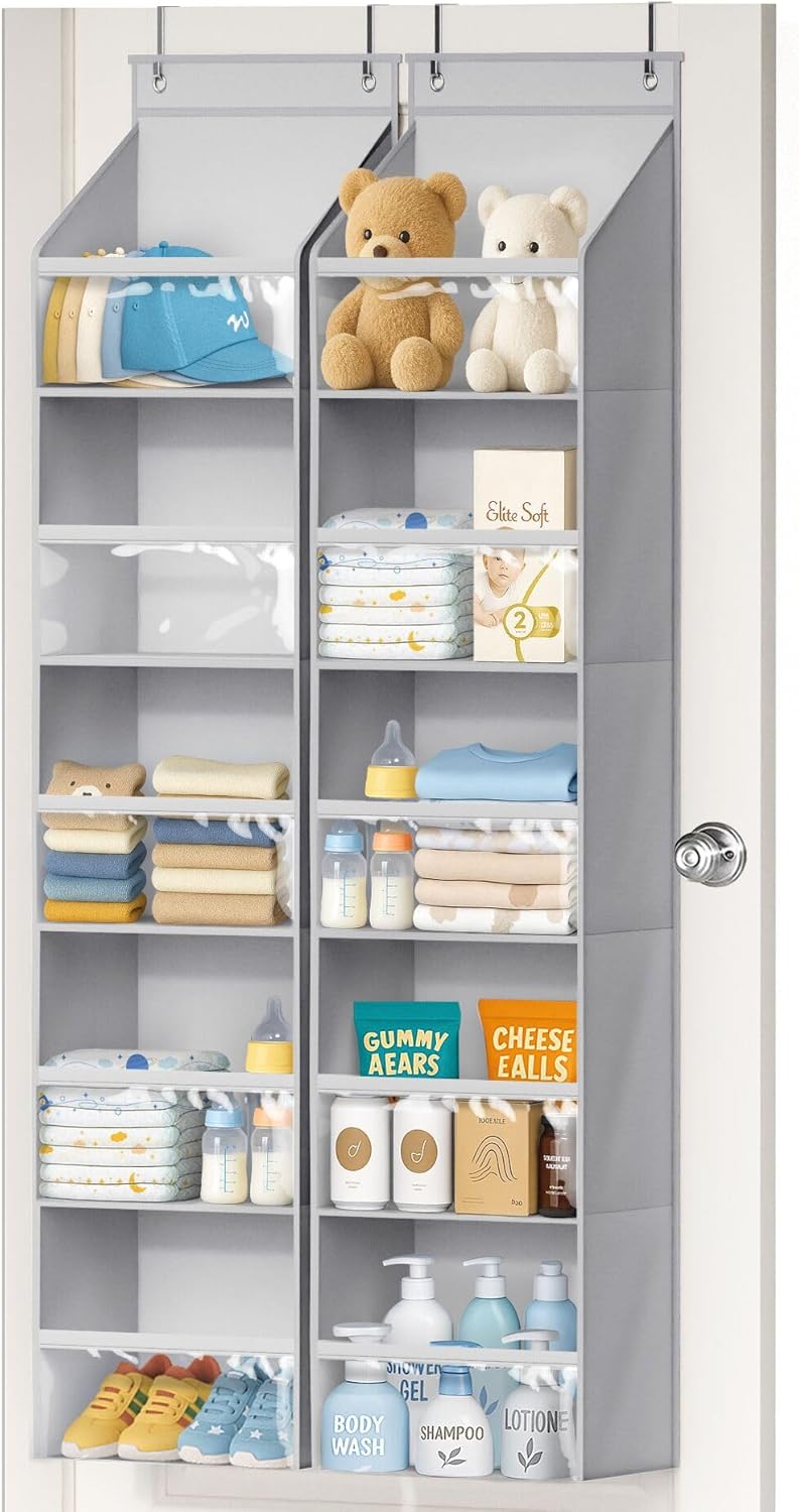 2 Pack Over the Door Organizer, Large Capacity Closet Door Hanging Organizer, Clear Deep Pockets Baby Organizer Storage for Nursery, Bathroom, Bedroom, Pantry, Diapers (Grey)
