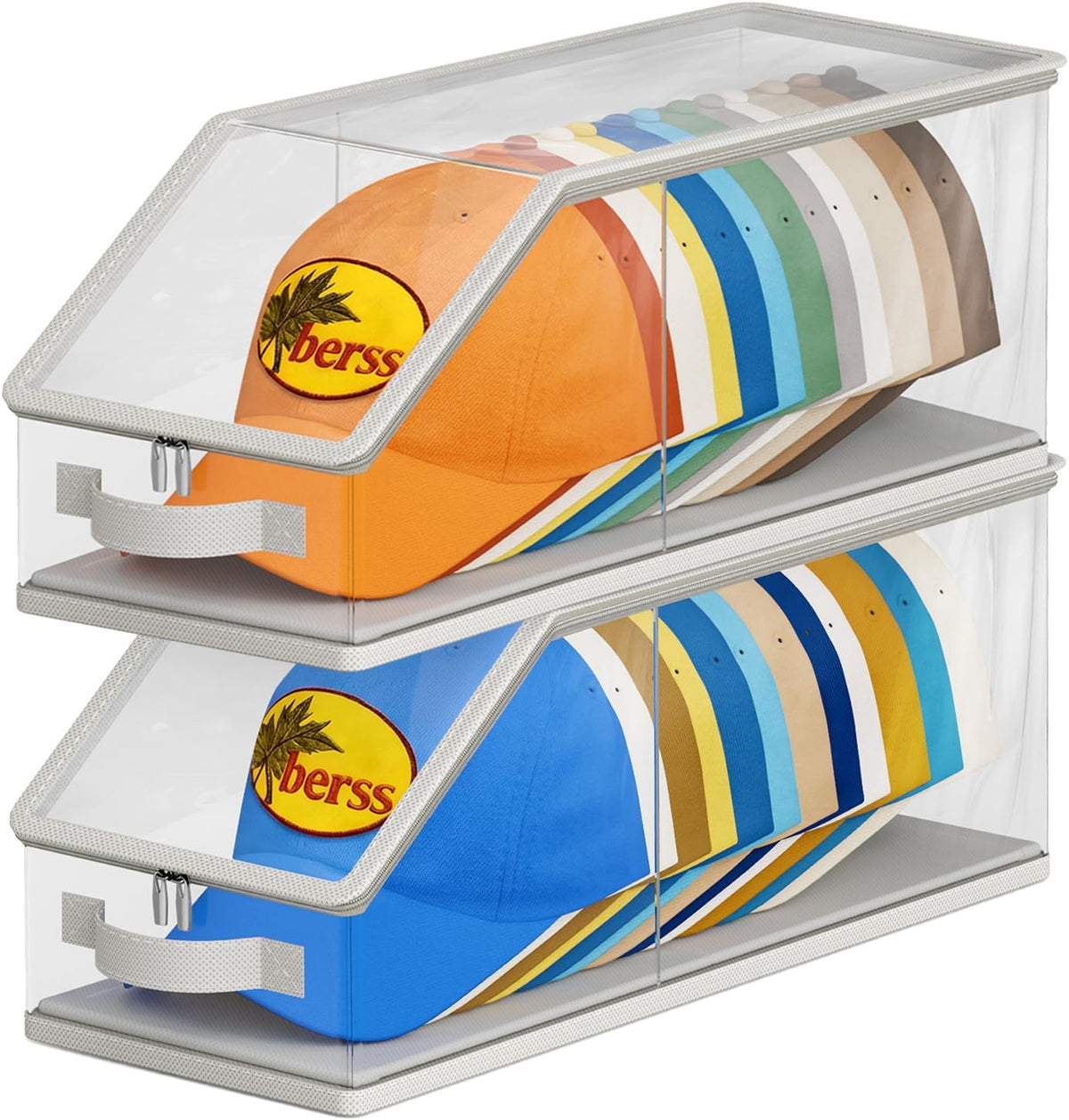 2PCS Stackable Hat Storage for Baseball Caps, Clear Hat Organizer for Closet Holds up to 24 Caps, Men‘s Hat Box Display with Cardboard (Grey)
