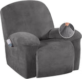 Velvet Recliner Chair Covers 1-Piece for Reclining Chair, Recliner Cover Feature Thick Luxury and Soft Fabric with Elastic Bottom, Anti-Slip Foams Attached (Grey, Large)