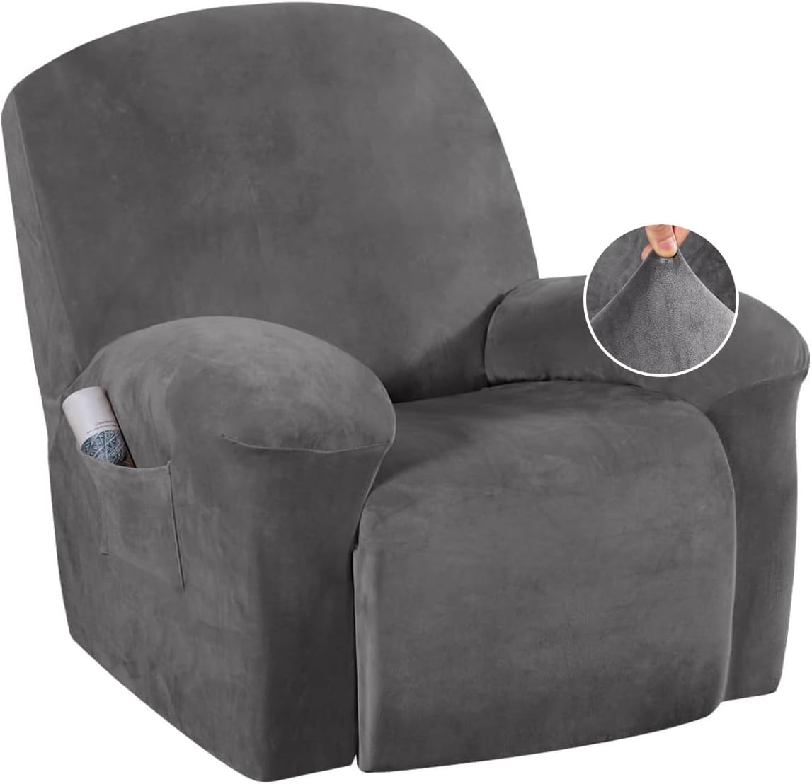 Velvet Recliner Chair Covers 1-Piece for Reclining Chair, Recliner Cover Feature Thick Luxury and Soft Fabric with Elastic Bottom, Anti-Slip Foams Attached (Grey, Large)