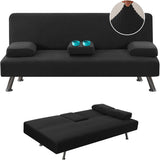 4 Pieces Stretch Futon Covers Sofa Bed Slipcover with Removable Armrests and Cupholders Covers Furniture Protector High Spandex Small Checks Jacquard Fabric, Black