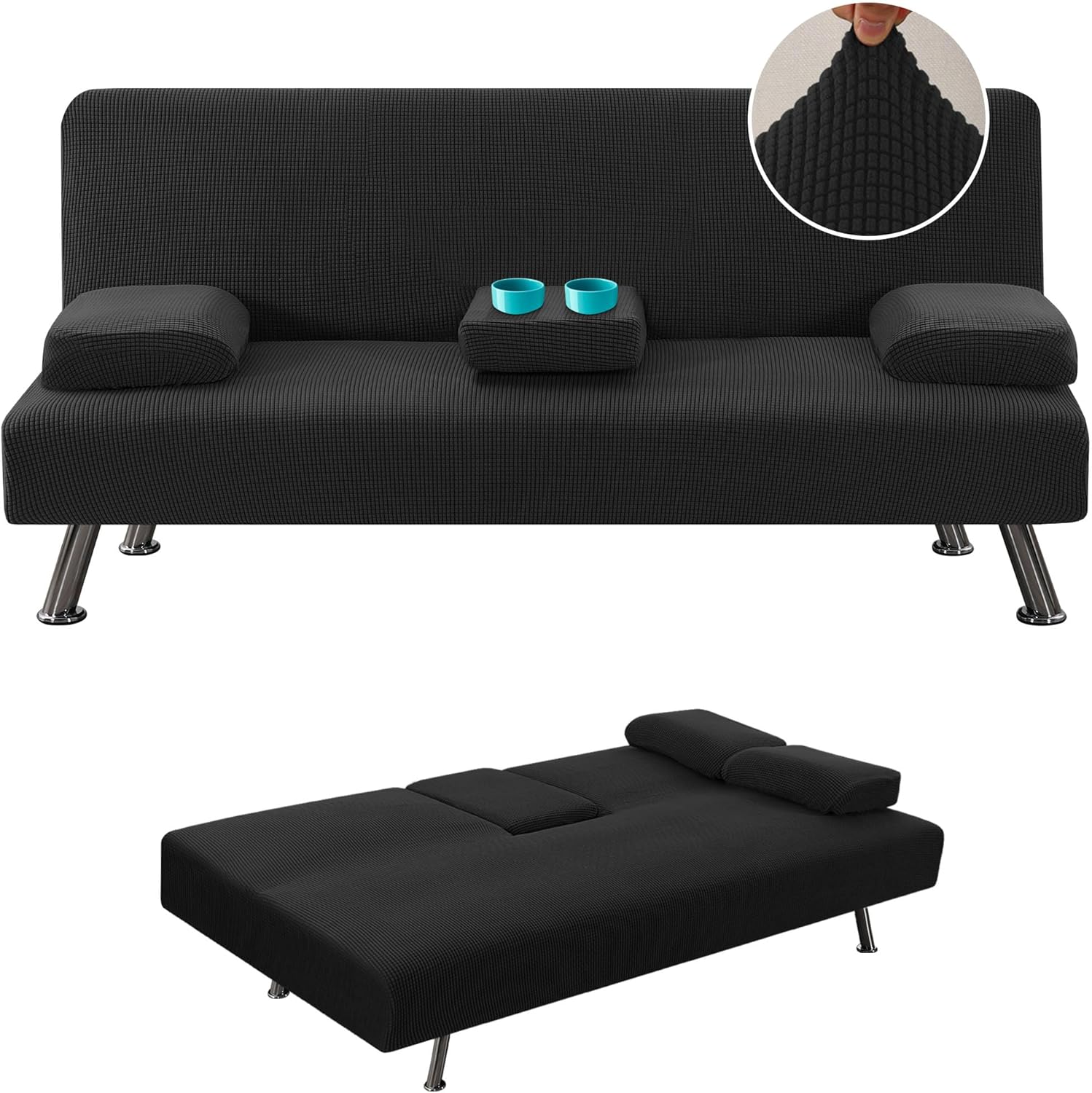 4 Pieces Stretch Futon Covers Sofa Bed Slipcover with Removable Armrests and Cupholders Covers Furniture Protector High Spandex Small Checks Jacquard Fabric, Black