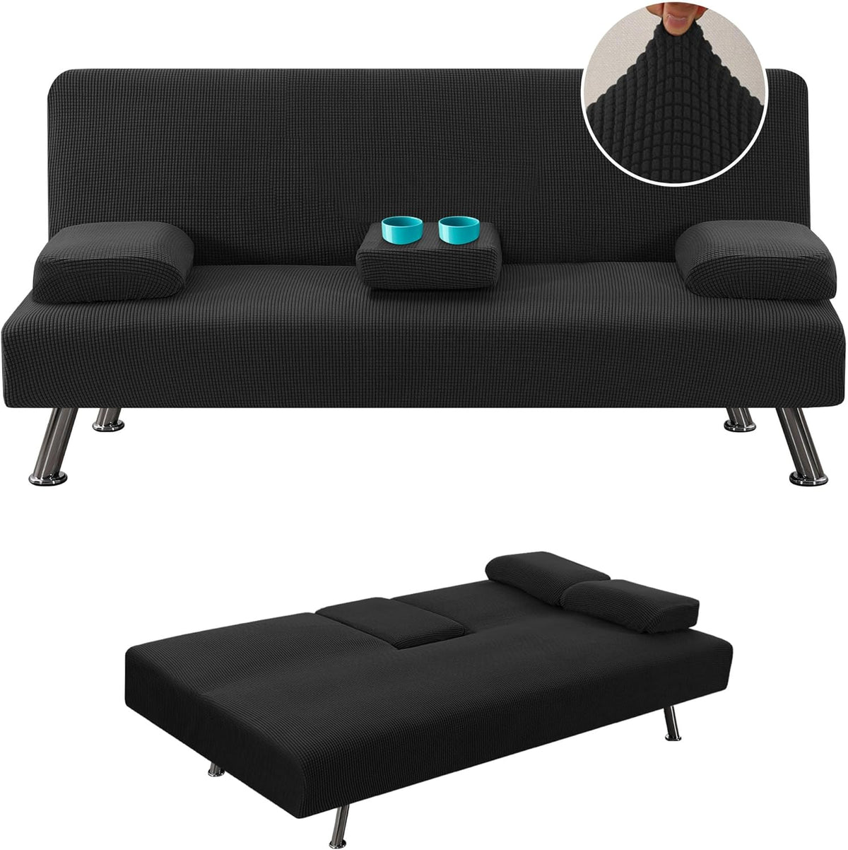 4 Pieces Stretch Futon Covers Sofa Bed Slipcover with Removable Armrests and Cupholders Covers Furniture Protector High Spandex Small Checks Jacquard Fabric, Black